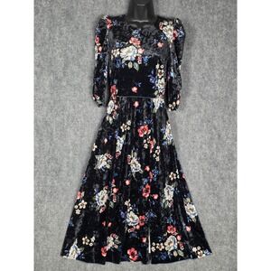 Eliza J Black Floral Velvet Midi Dress Puff‎ Sleeve Evening Party Cocktail Sz 0